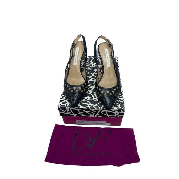 Diane von Furstenberg DVF Addison Black Leather Slingback Heels Shoes Sz 7‎ - Picture 1 of 11